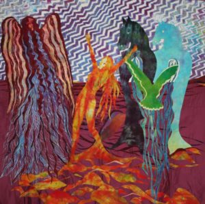 Angel, dancing girl, and two horses Art quilt from watercolor of same name