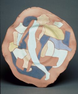 Clay heart vessels and large watercolors depicting dancing girls and horses