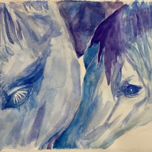 Mare and colt watercolor in blue