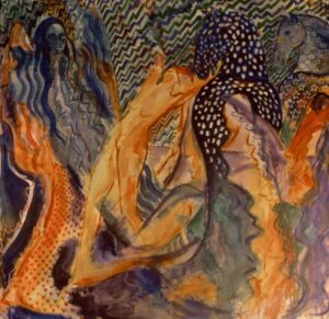 Large watercolor of girl dancing with an angel one one side and two horses watching from the other side.