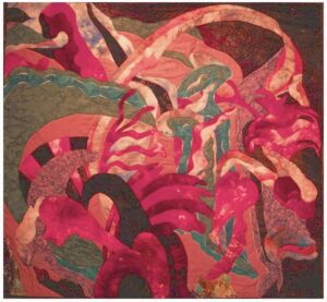 Red, orange, and green elements form a lively abstract scene in this art quilt made with hand-dyed fabric and machine embroidery.