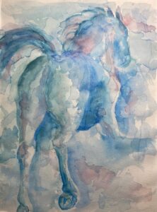 blue horse cantering into a cloud
