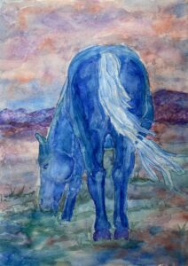 Blue horse grazing in pasture watercolor